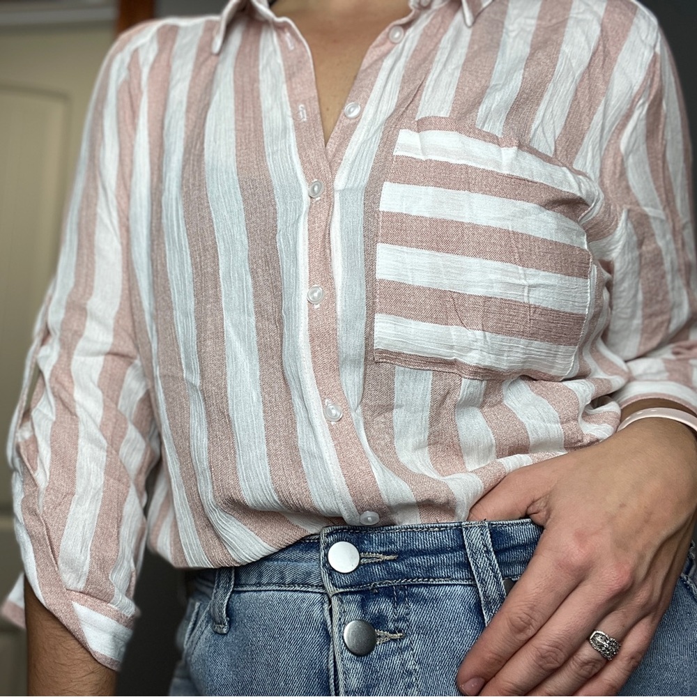 NWT VIXBE | Pink+White Striped Front Tie Blouse Button Up Top size Small